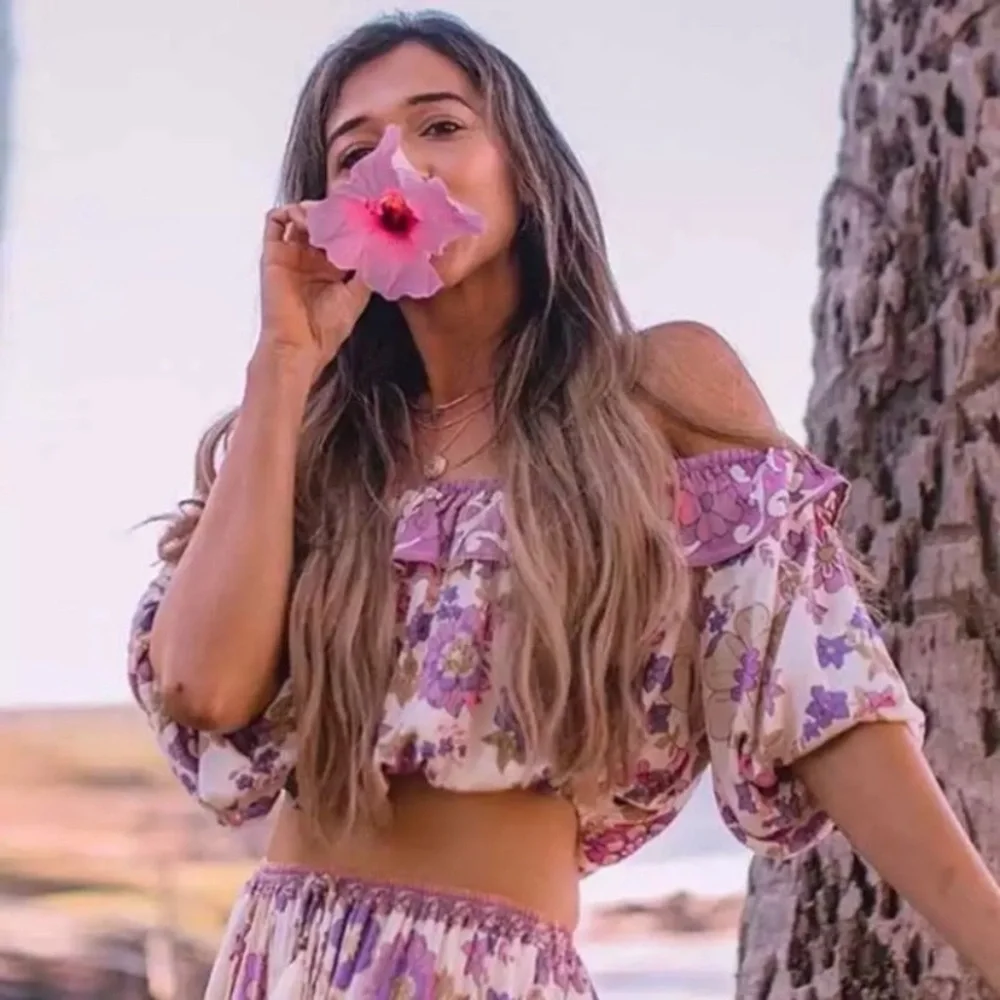 Waverly Floral Gypsy Bohemian Off Shoulder Blouse & Maxi Ruffle Skirt Set - Picture 7 of 13